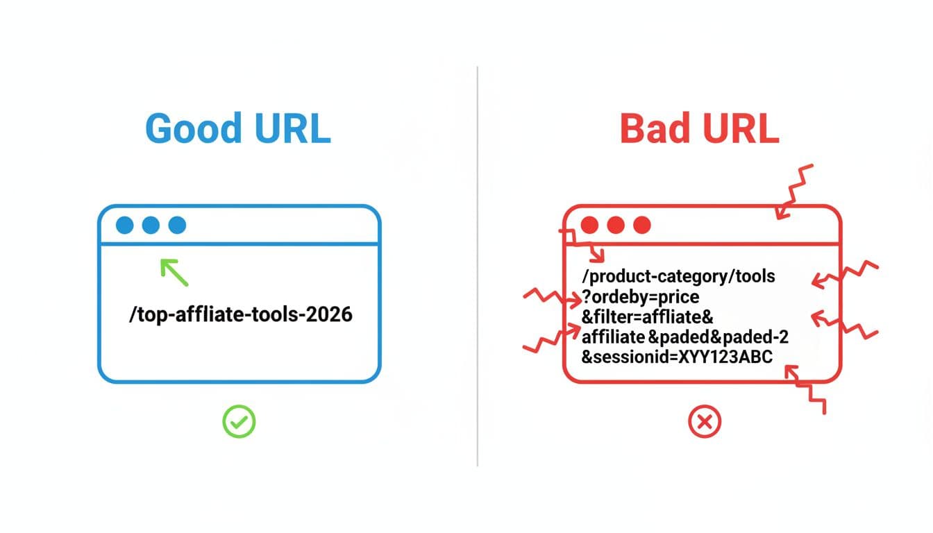 Split infographic shows short good URL on left versus long messy bad URL on right with browser icons and arrows.