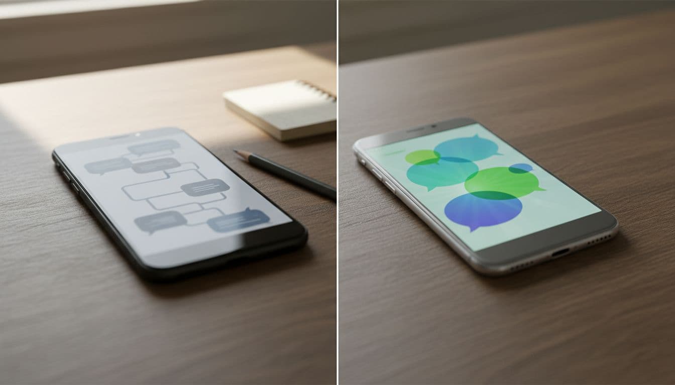 Split scene of two smartphones side by side on a wooden table: left with blurred simple scripted dialogue icons representing weak roleplay, right with blurred dynamic chat bubbles for strong flexible roleplay, in realistic product photo style with natural daylight.