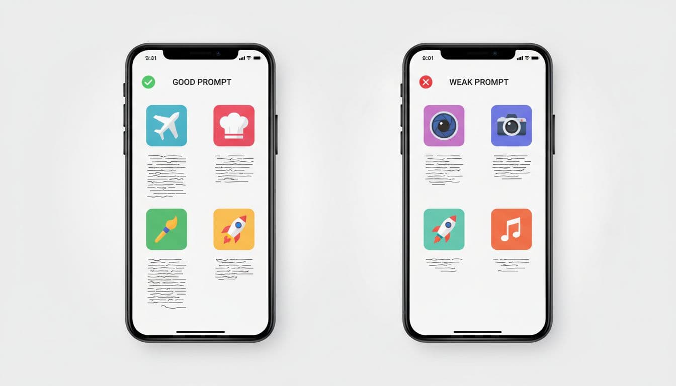 Side-by-side comparison of good and weak writing prompts on mobile screens with simple icons for topics like travel and food, in a clean modern app interface style with neutral background and realistic lighting.