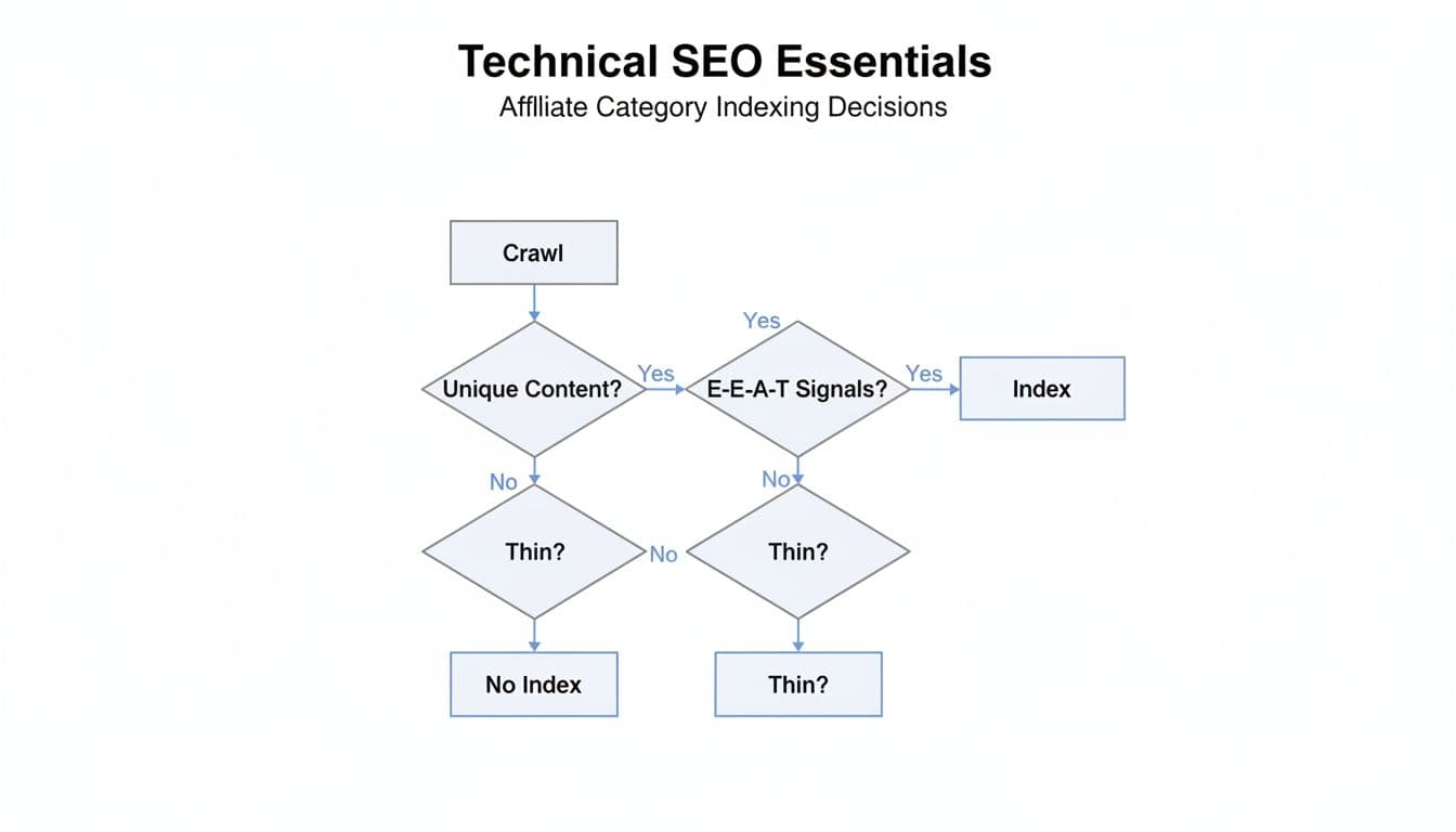This simple flowchart depicts Google's crawl and indexing decisions for category pages, branching based on unique content, E-E-A-T signals, and thin content avoidance using boxes, arrows, neutral colors, and a white background.