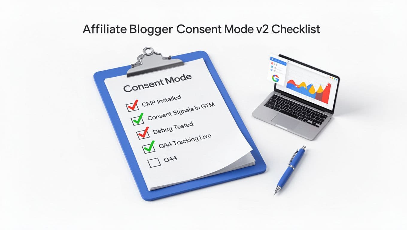 Minimalist flat subtle 3D illustration of a clipboard with ticked items for Consent Mode v2 implementation: CMP Installed, Consent Signals in GTM, Debug Tested, GA4 Tracking Live, next to a laptop with analytics graph and a pen.