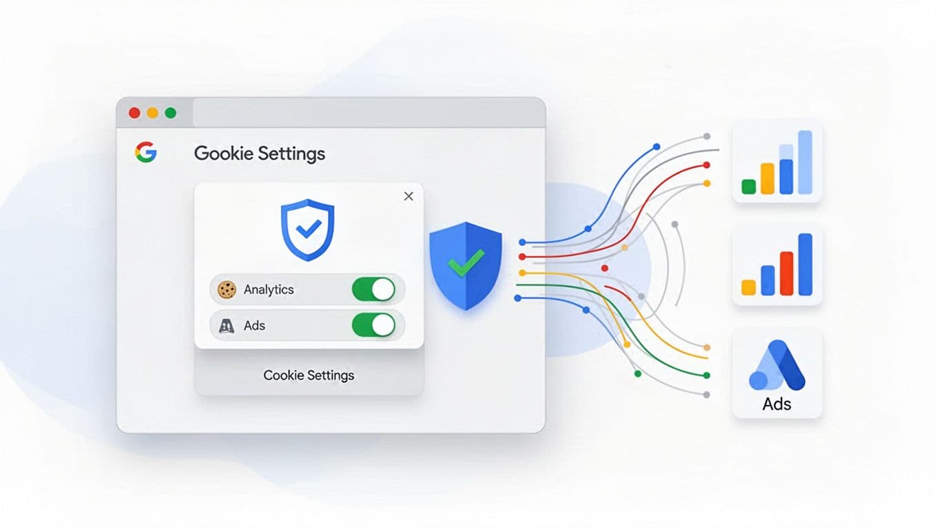 A clean, modern, minimalist illustration of a browser window displaying a simplified cookie consent banner for Google Consent Mode v2 setup, featuring toggles for analytics and ads, a shield icon with checkmark for granted consent, and abstract data flows to generic icons.