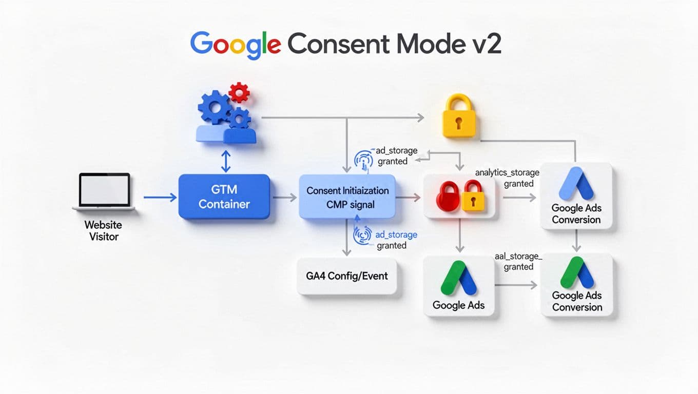 Minimalist flat-style illustration depicting the Google Consent Mode v2 flowchart from website visitor through GTM container and consent initialization to GA4 and Google Ads branches based on storage grants.