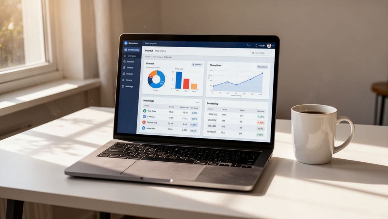 A clean desk setup features a laptop open to the Google Merchant Center dashboard displaying the Shopify product feed diagnostics page, with a coffee mug nearby under natural daylight lighting in realistic style.
