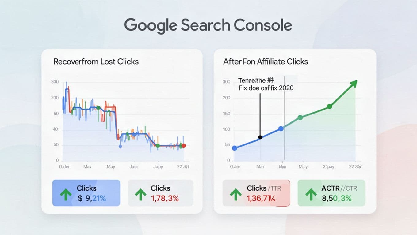 Clean, modern before-and-after chart for Google Search Console illustrating recovery from lost clicks on affiliate posts. Left side shows dropping clicks; right side shows upward recovery with green metric arrows and fix timeline marker.