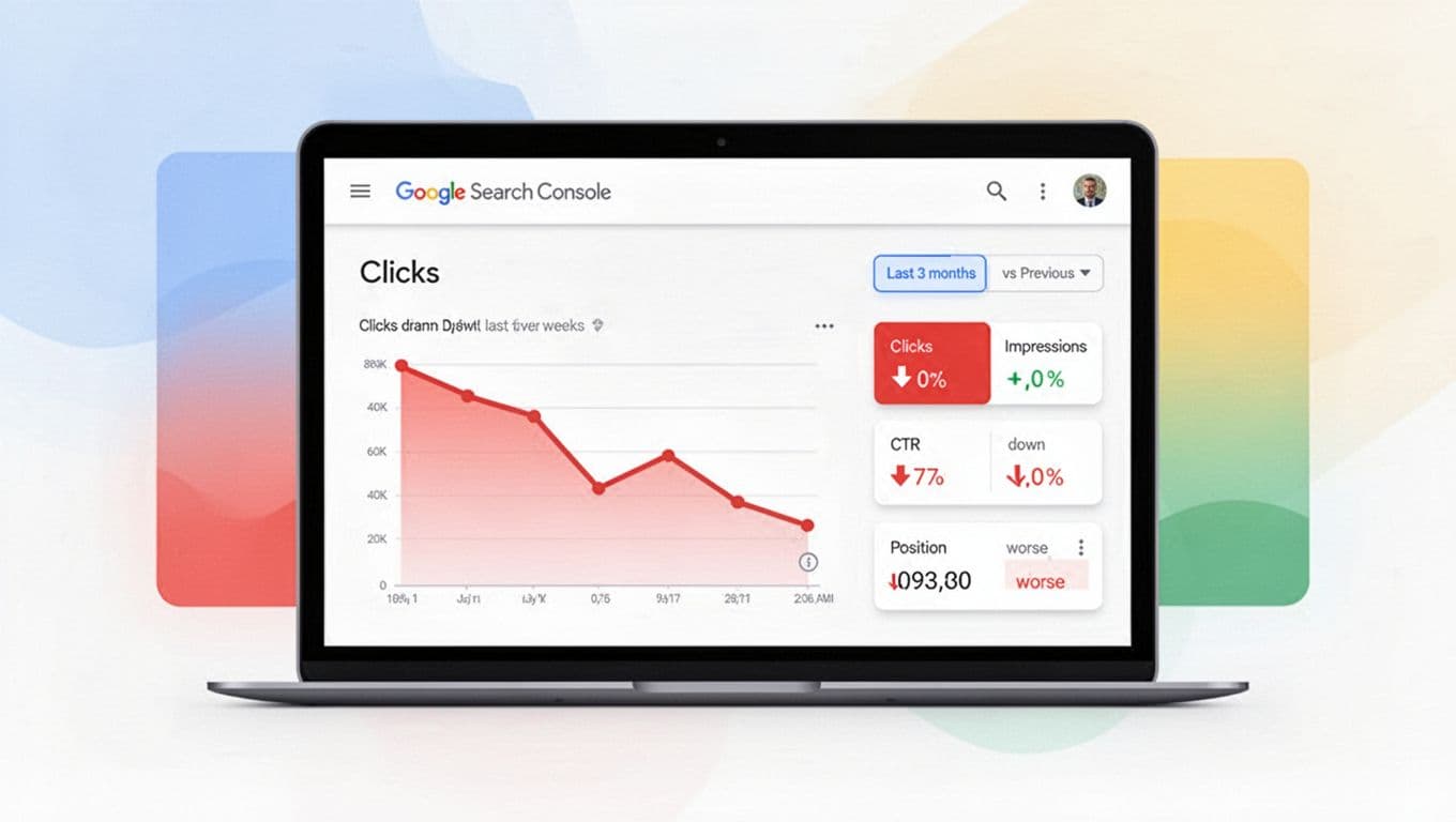 Clean, modern UI-style illustration of Google Search Console dashboard featuring a line chart with sharply dropping clicks, metric cards showing declines in Clicks and CTR, stable Impressions, and worsening Position, with date range comparison.