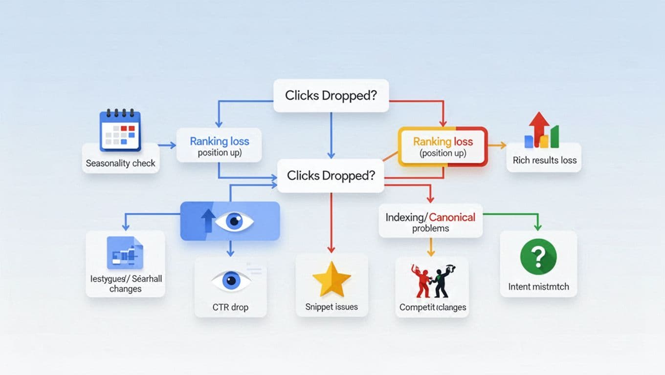Clean modern infographic decision tree for diagnosing lost clicks in Google Search Console, branching to seasonality, ranking loss, CTR drop, indexing issues, rich results, competitors, and intent mismatch with Google colors and icons.