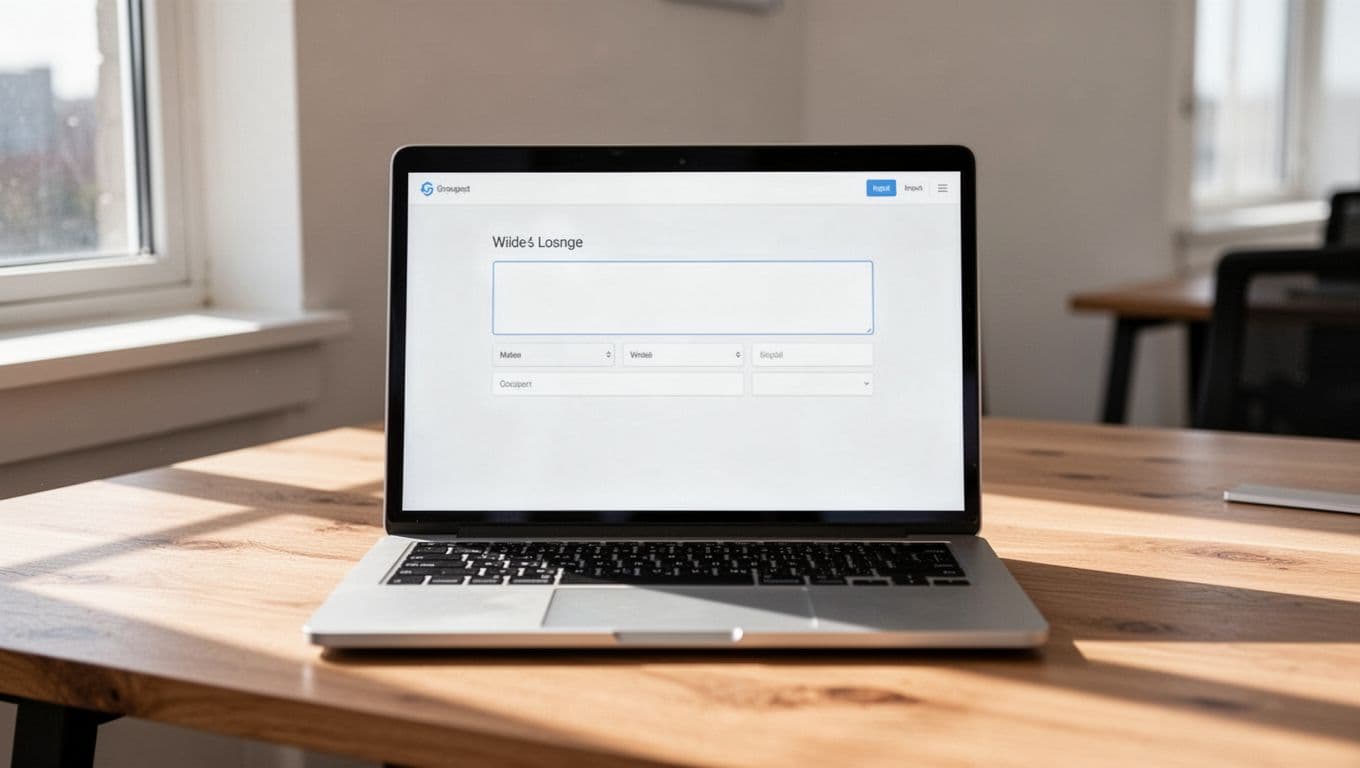Laptop on a wooden desk in a bright office displays a minimalist credit card form with wide card number field and compact row for expiry month/year and CVV. Natural daylight from window, screen at slight angle with subtle blur on details, no people or extra objects.