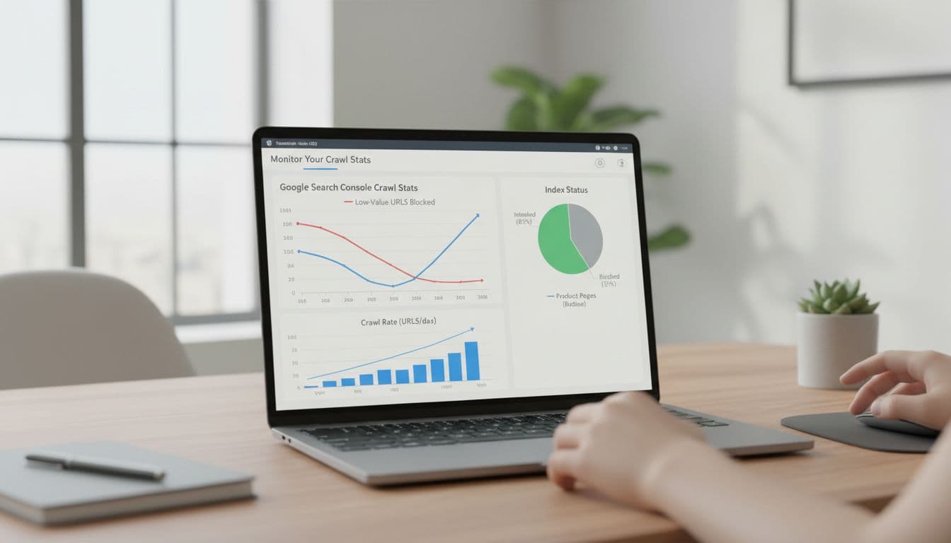 Laptop screen in office shows GSC crawl stats graph with blocked low-value URLs and rising product pages indexed, relaxed hands nearby.