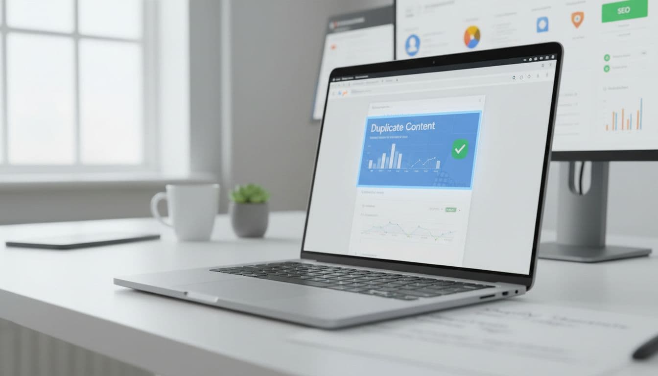 Laptop screen showing Google Search Console interface with highlighted duplicate content report, blurred background of SEO tools and Shopify variant notes, side angle view in bright office lighting.