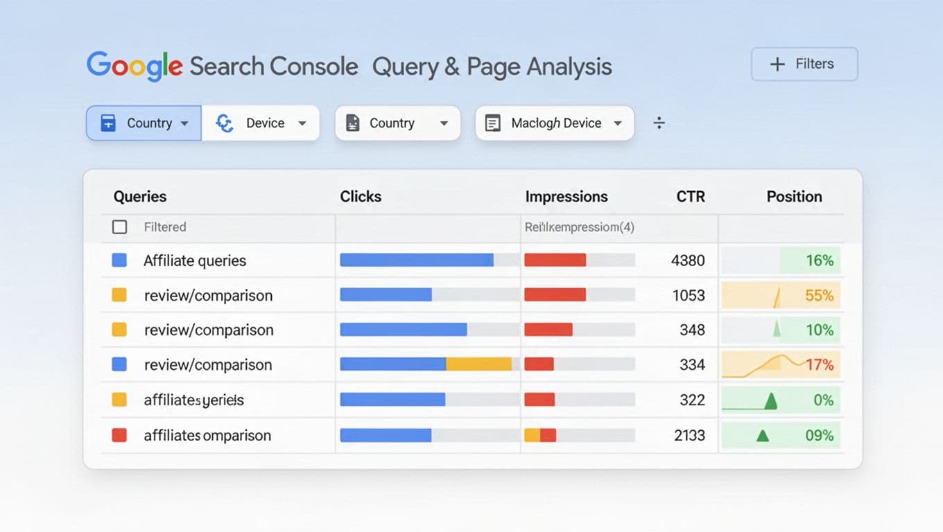 Clean, modern flat vector illustration of a Google Search Console table view filtered for affiliate-related queries like reviews and comparisons, showing columns for Queries, Clicks, Impressions, CTR, and Position with top filters for country and device.
