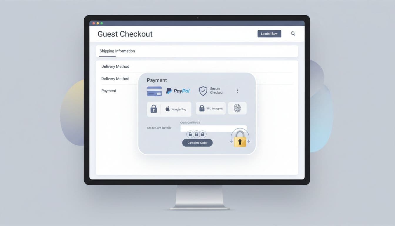 Clean desktop mockup of a guest checkout page featuring trust badges, payment icons, and security locks with subtle highlights on secure elements in a modern ecommerce design.