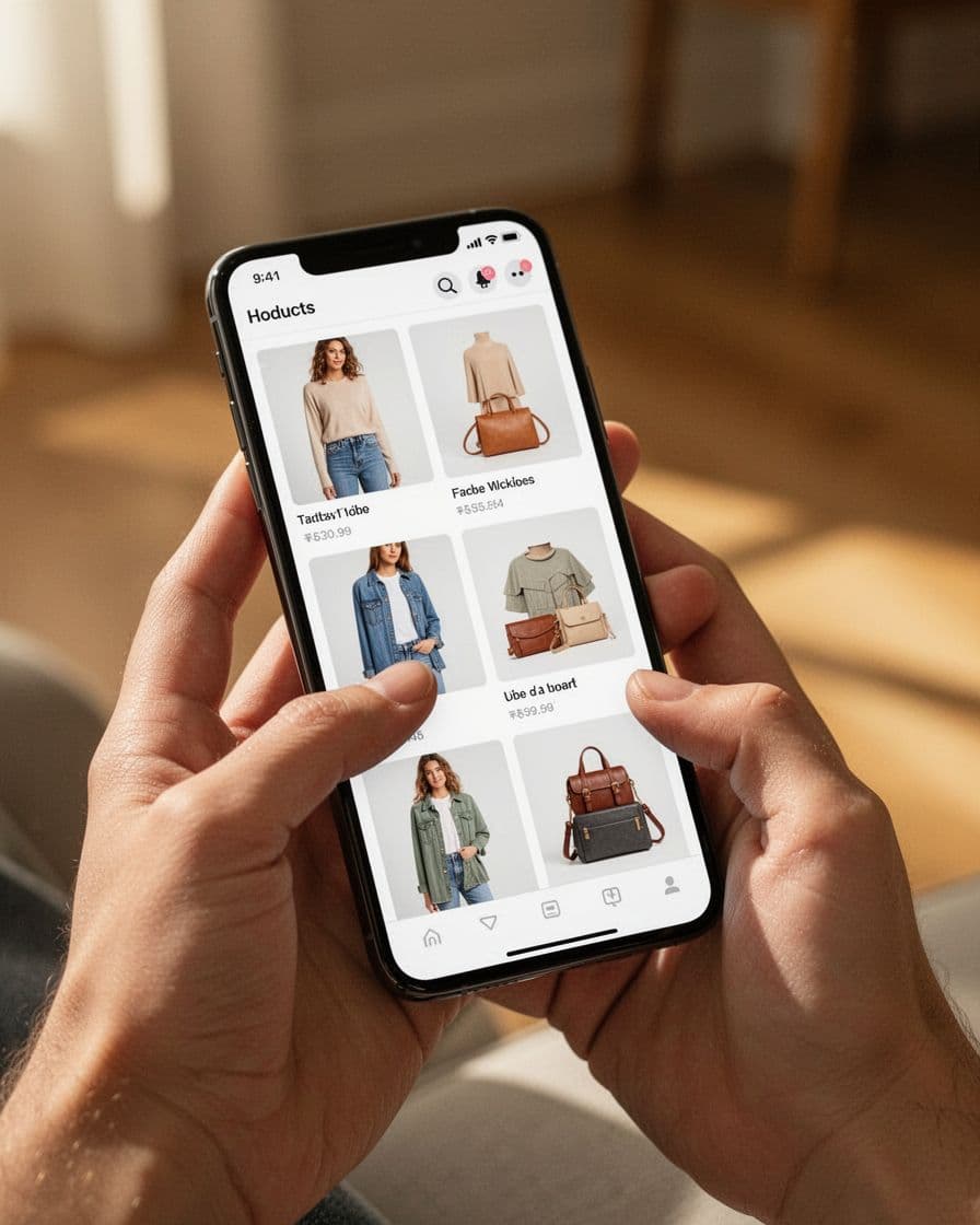 Smartphone held in a relaxed hand browsing the new arrivals section of an online store, featuring vertical scroll of fresh clothing and accessories in cards, contemporary flat design with soft shadows and warm lighting.