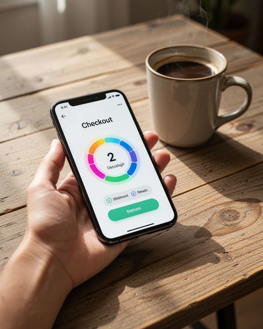 Hand naturally holding a mobile phone screen displaying ecommerce checkout with circular progress indicators at step 2 of 4, on a wooden table with coffee mug in casual natural daylight setting.