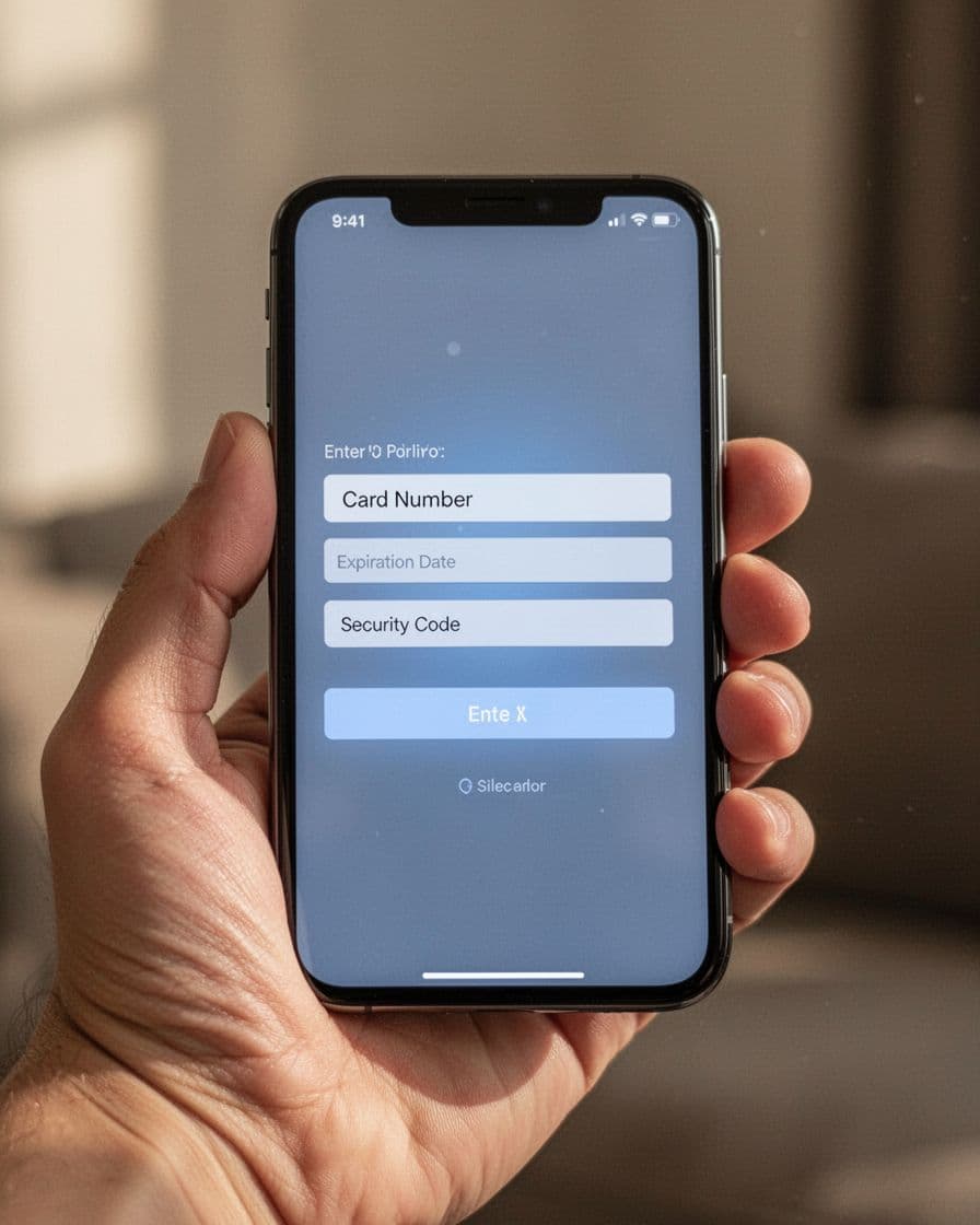 A relaxed hand holds a smartphone in portrait mode, displaying a clean, modern mobile-optimized credit card entry form with large touch fields for card number (grouped by 4), expiry, and CVV under soft indoor lighting.