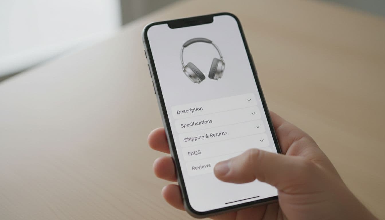 Photorealistic close-up of a single hand holding a sleek smartphone on a minimalist table, screen displaying a mobile product page with collapsed accordion sections for Description, Specifications, Shipping & Returns, FAQs, and Reviews; product like wireless headphones.