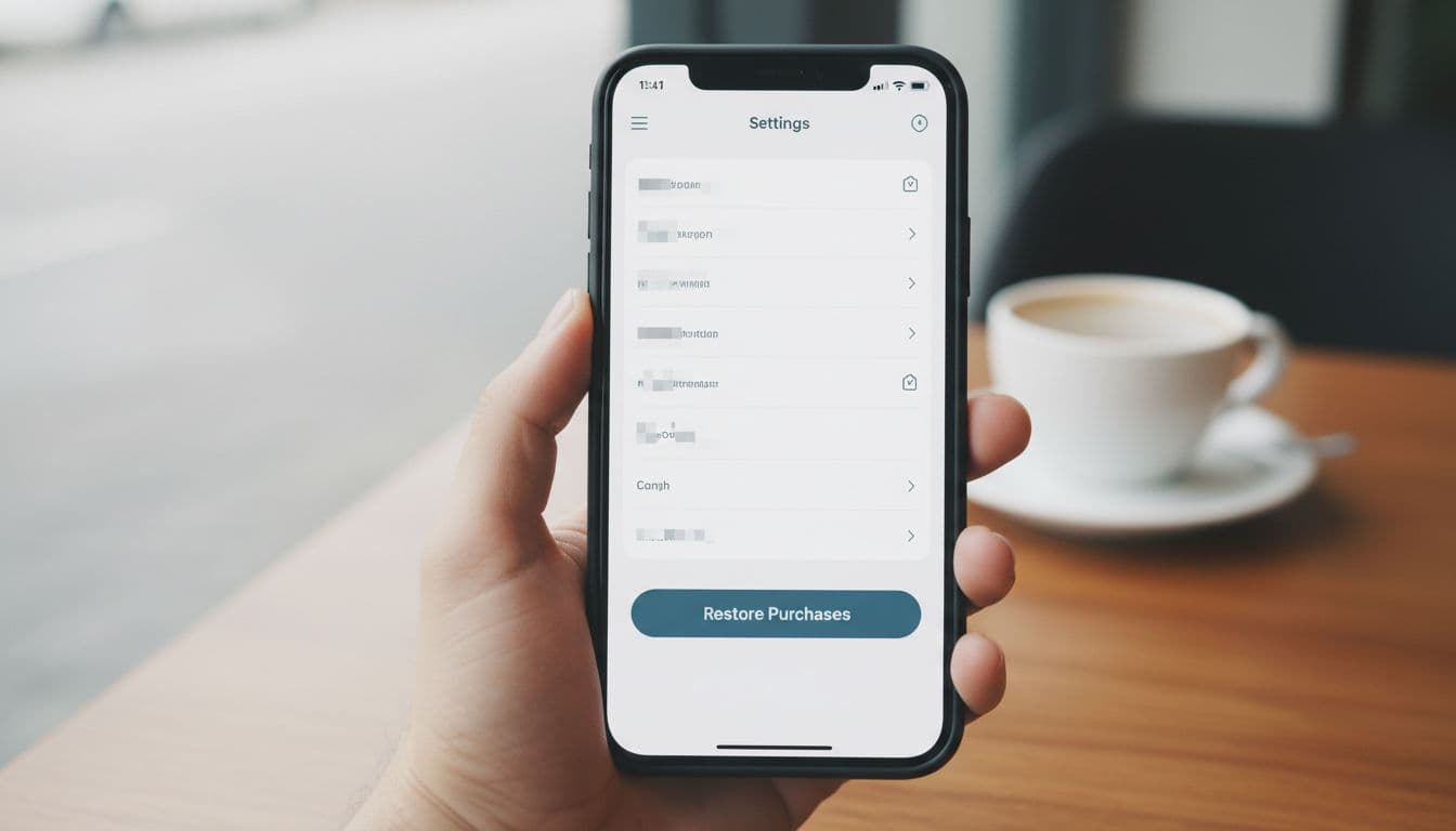 A hand naturally holds a smartphone displaying a language learning app open to the settings menu, with the Restore Purchases button visible but no readable text. Simple cafe table background with a nearby coffee cup, modern realistic style, soft natural lighting.
