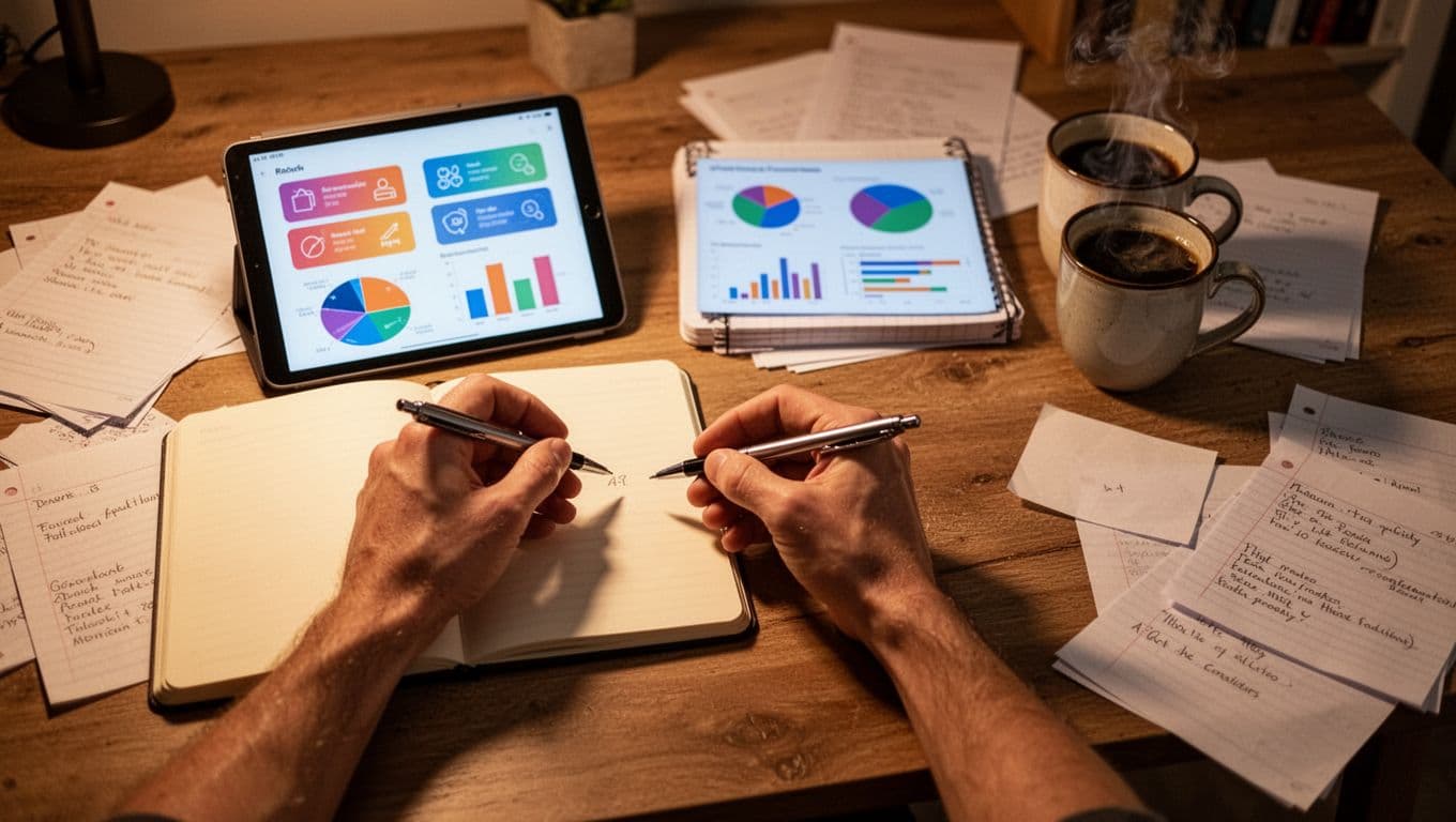 A person's hand holds a pen over a notebook, jotting notes next to a tablet with a language app open to a scoring or results screen in a cozy home study setup featuring a coffee mug and transcribed notebook pages under warm lighting.
