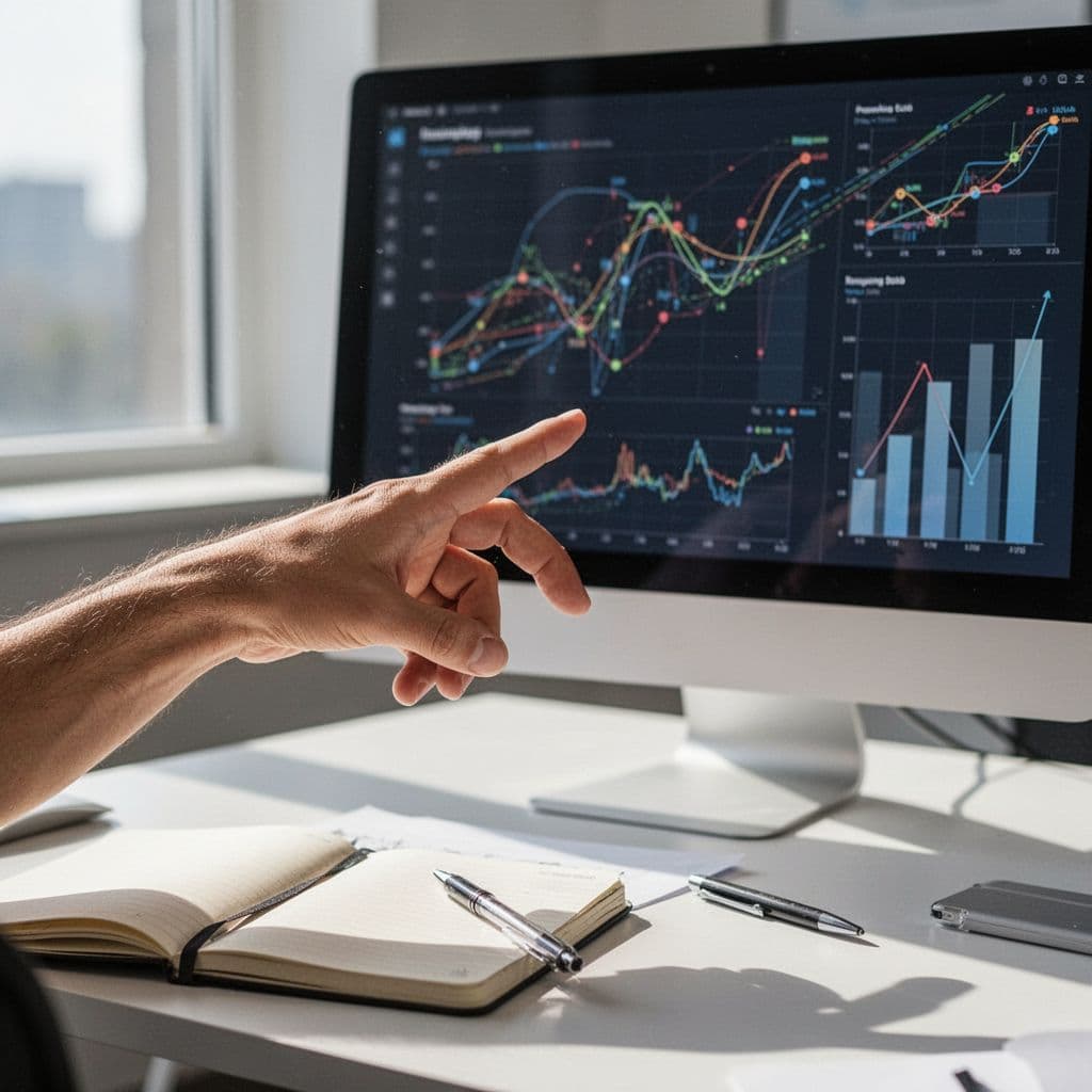 Close-up of a person's hand pointing to an SEO analytics dashboard on a computer screen showing keyword rankings and traffic graphs, on a modern office desk with notebook and pen in bright natural light.
