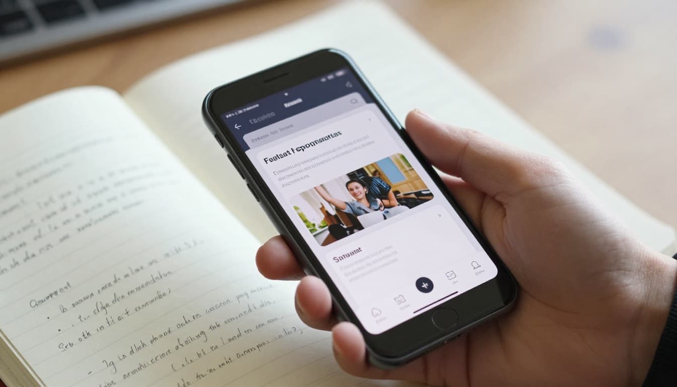 A 15-Minute Mastery Check for Language Learning Apps 3 Close-up of a hand holding a smartphone displaying a spaced repetition flashcard with a foreign word and image prompt, next to a notebook with quick notes in a simple desk setup under soft natural lighting.