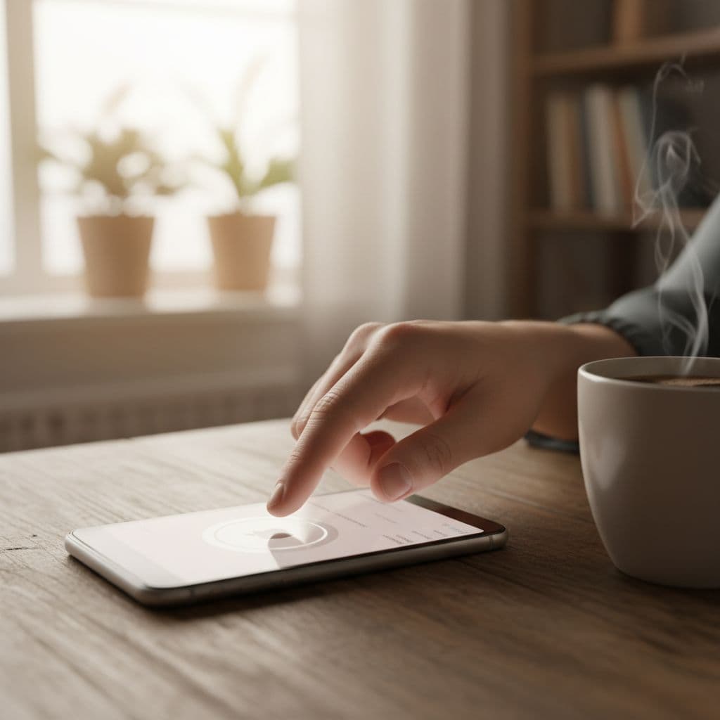 A person's hand with two fingers naturally taps a large rounded Apple Pay button on a mobile checkout screen, phone resting on a wooden table in a bright home setting with a coffee mug nearby, warm lighting and realistic style.
