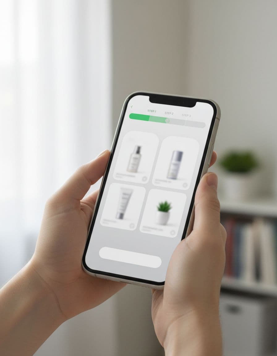 Smartphone held naturally in two hands at a slight angle, displaying a bundle builder shopping app with a clear top progress bar and selected products below, in modern minimalist design under soft natural daylight.
