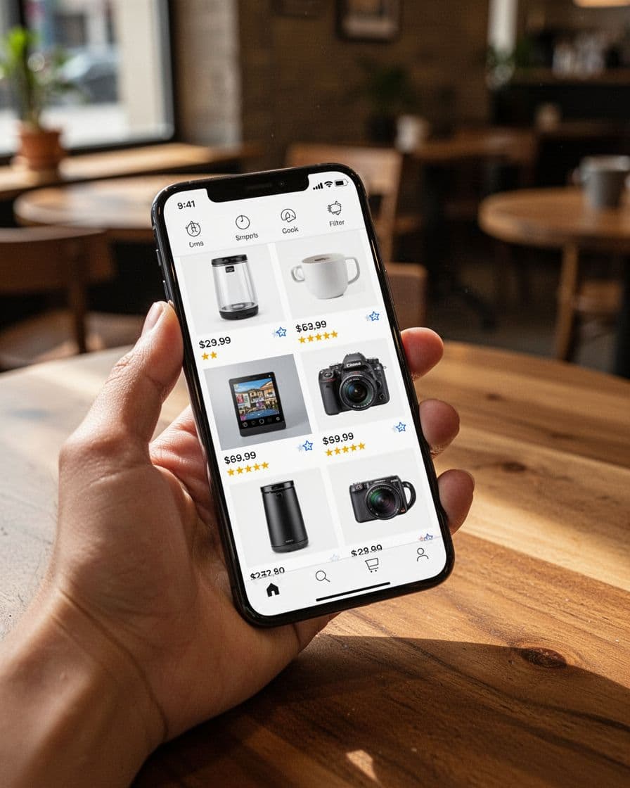 Smartphone screen held in hand at slight angle on wooden table displays thumb-friendly ecommerce search results with product grid, thumbnails, prices, ratings, and filter bar; clean layout in natural cafe lighting, screen slightly blurred.