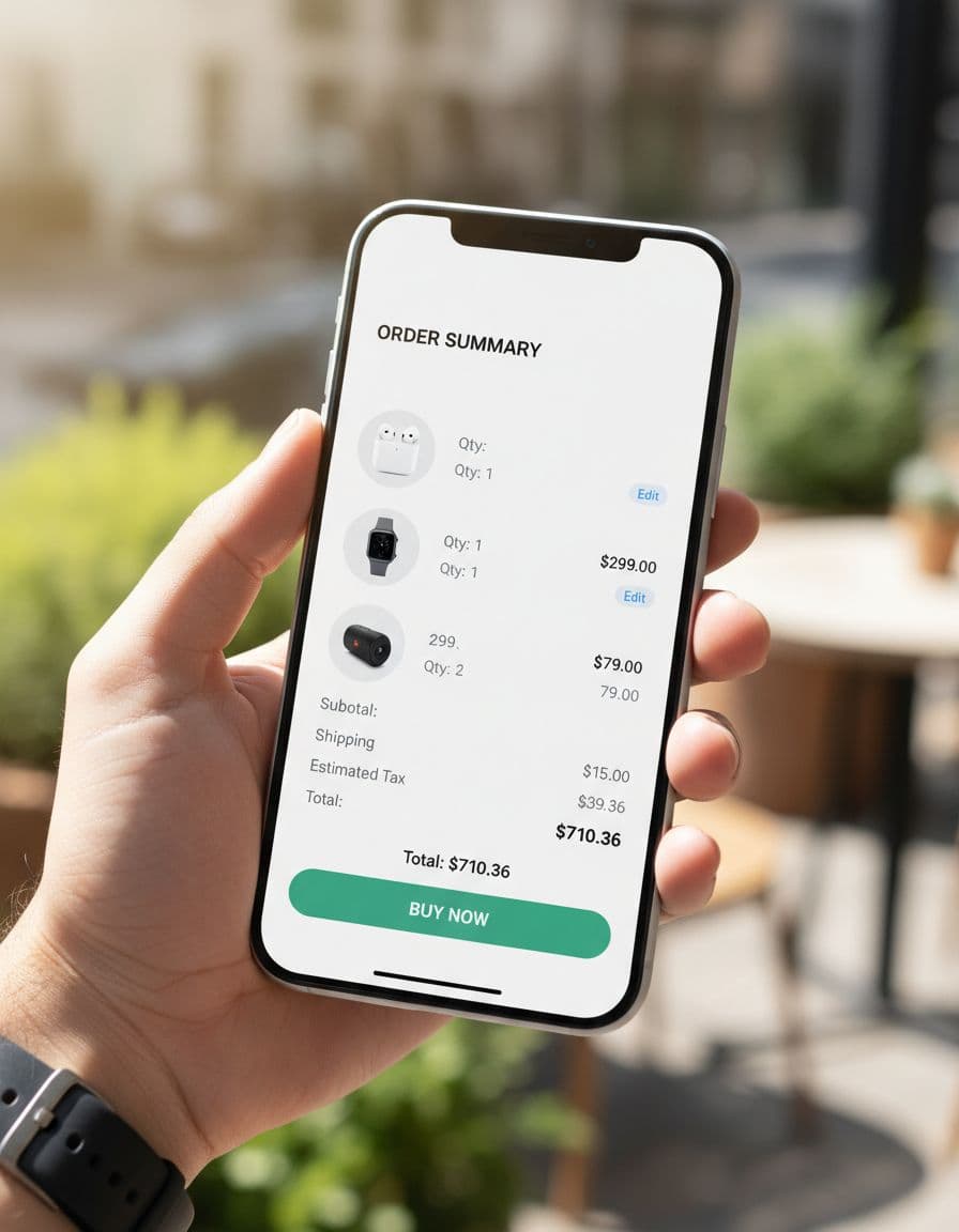 Hand holds smartphone displaying clean checkout order summary with product images, prices, subtotal, and buy button.
