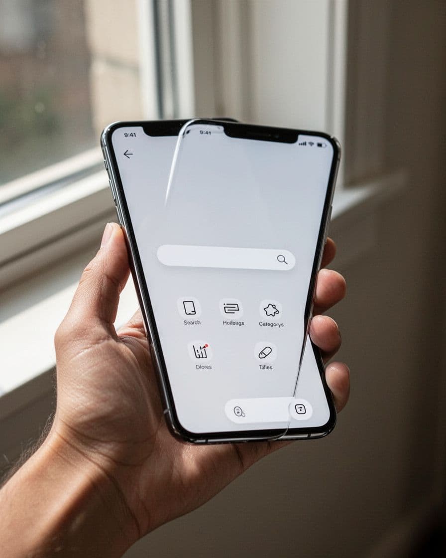 Smartphone held in hand displaying empty cart screen with quick search bar, category links, and return to shop button in mobile-first design. Natural indoor setting with soft natural light, clean modern user interface aesthetic.
