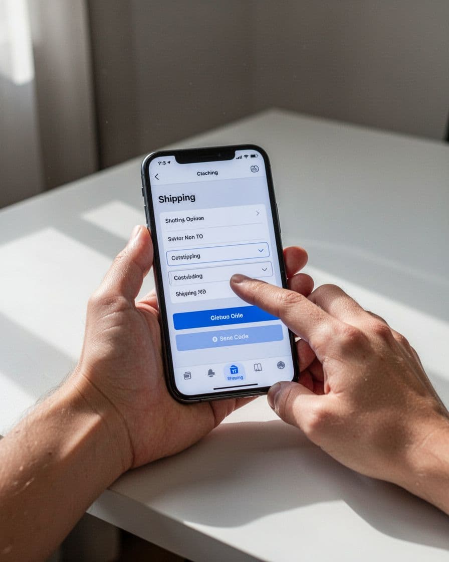 Smartphone held in hand on desk showing mobile ecommerce checkout with Standard and Express shipping options, delivery dates, prices, and thumb near selection. Vertical portrait view with clean UI and natural indoor lighting.