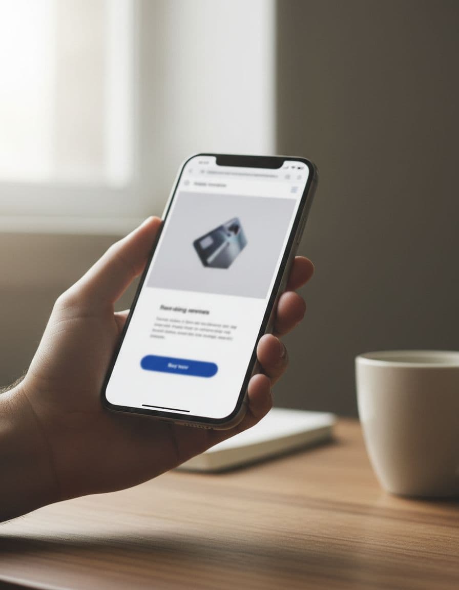 Smartphone held in one hand displaying a responsive merchant landing page on mobile browser, on wooden desk with coffee mug, natural light, realistic photo.