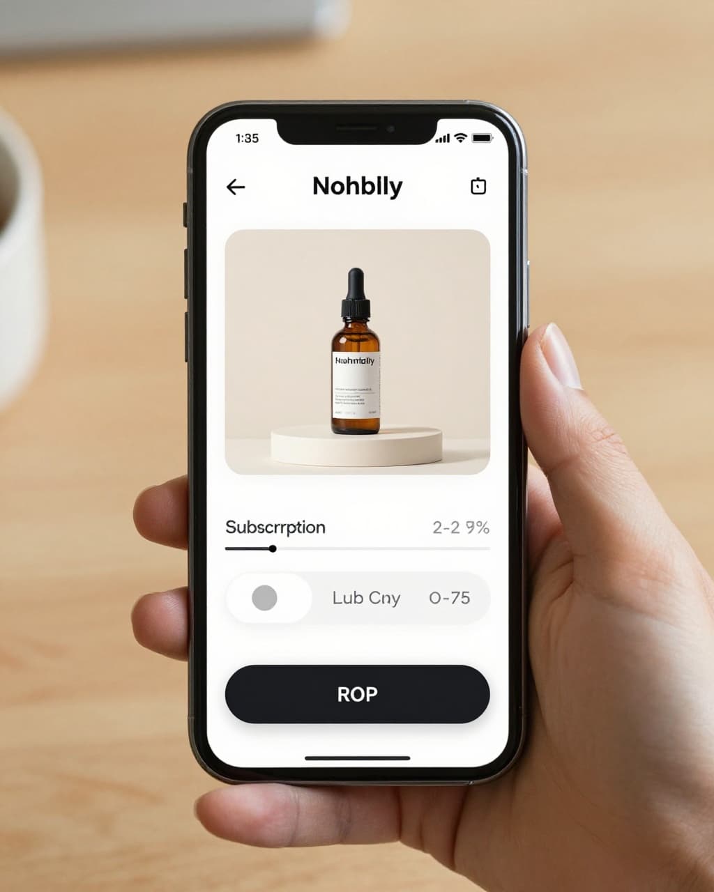 Smartphone held naturally in hand displaying e-commerce product page with toggle for one-time buy vs monthly subscription, skincare bottle image, clean design on cafe table background.