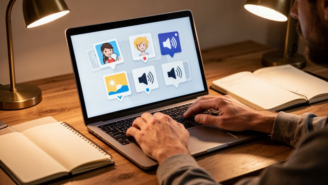 Best Free Language Apps With No Daily Limits in 2026 4 Close-up of hands creating custom language flashcards on a laptop screen showing spaced repetition cards with images and audio icons, on a wooden desk with notebook nearby under warm lamp light.