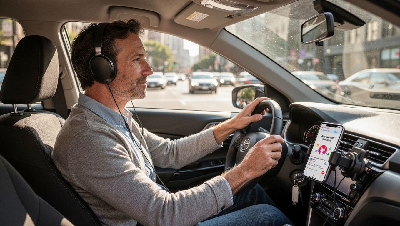 Focused adult commuter wearing wireless headphones listens intently to a Pimsleur language audio lesson on a smartphone in a car holder, driving hands-free in daytime city traffic with one hand on the wheel and relaxed alert posture.