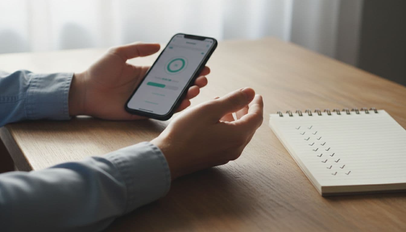 The 15-Minute Changelog Transparency Check For Language Learning Apps 3 Hands relaxed near a smartphone displaying an app update screen and a notepad with checklist marks on a simple wooden desk, illuminated by soft window light in realistic photo style with high detail.