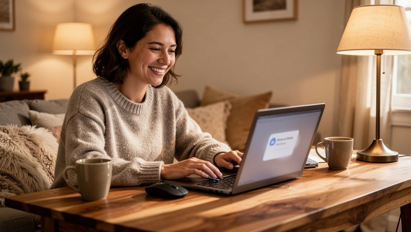 Happy person in cozy workspace reviews blurred approval email on laptop, hand on mouse.