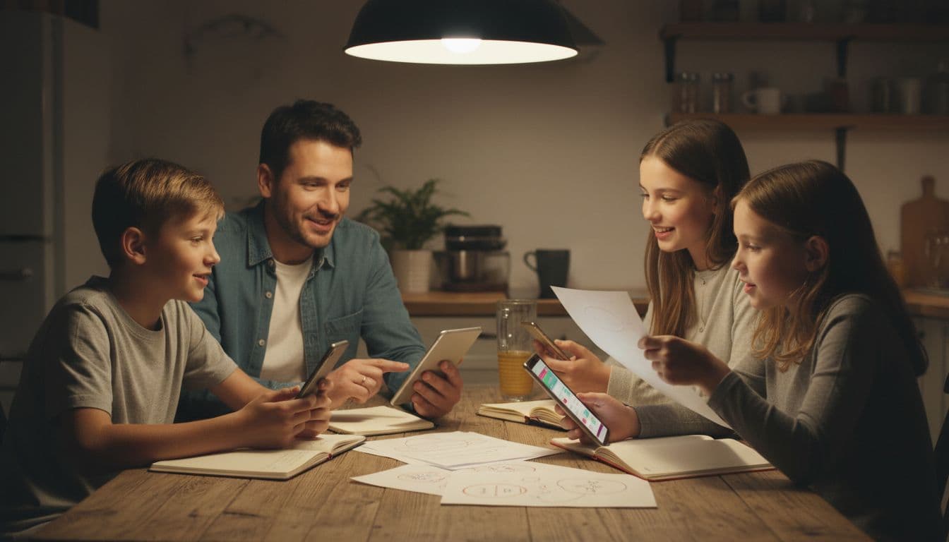 A joyful family of four—two parents and two children aged 8-12—sits around a cozy kitchen table during evening, examining phones and tablets with open language apps while comparing plans on paper notes under warm overhead lighting.