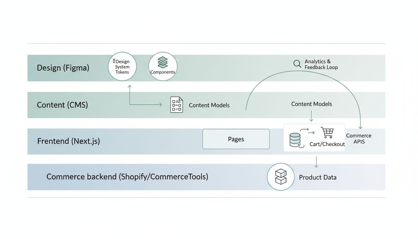 Clean, modern vector-style infographic illustrating headless commerce UX workflow with four horizontal lanes: Design (Figma), Content (CMS), Frontend (Next.js), and Commerce backend (Shopify/CommerceTools). Arrows depict data flows and feedback loops in subtle blues and greens on a white background.