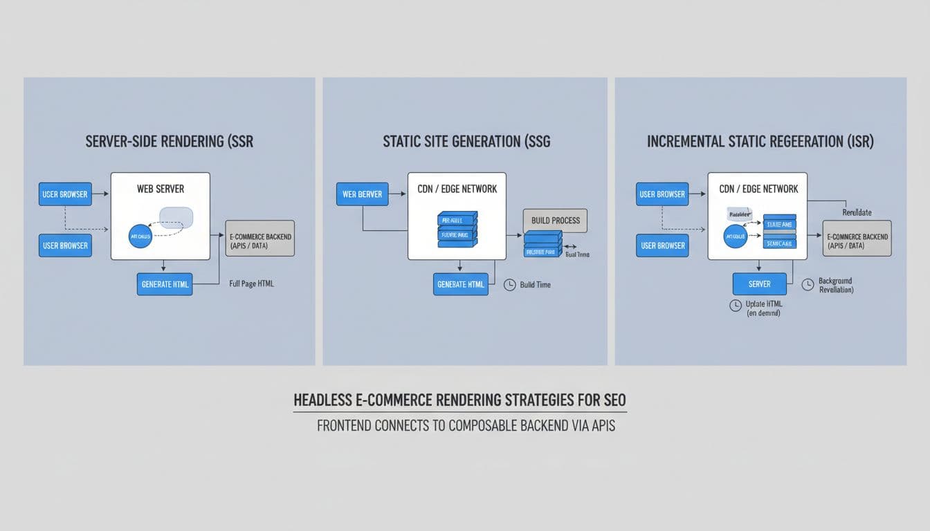 Three diagrams depict SSR server HTML generation, SSG static pages, and ISR incremental updates with frontend API connections.