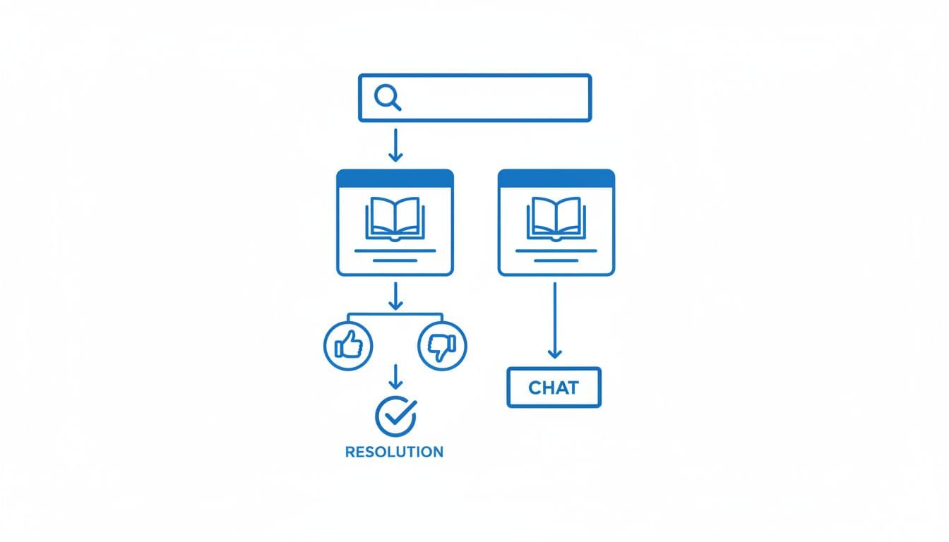 User journey flowchart depicting the help center path from search bar to article reading, feedback with thumbs up/down, and resolution or escalation to chat icon. Clean vector infographic on white background with blue accents, using simple icons without text labels, people, or watermarks.
