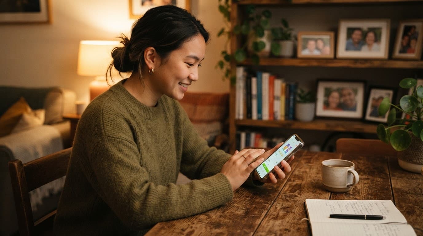 A young adult using a smartphone app at a wooden table in a warm room.