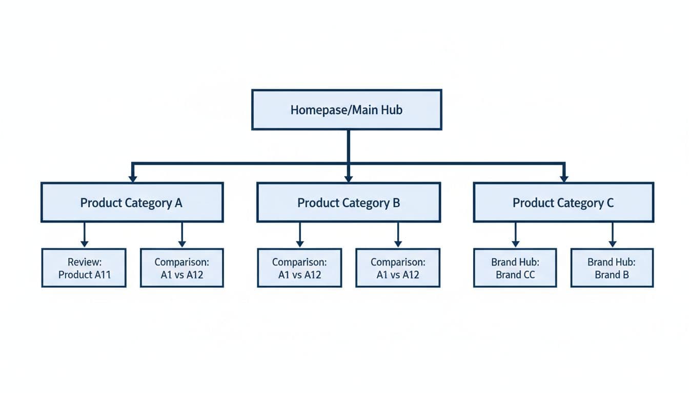 Clean flowchart diagram with central node branching to main categories, product reviews, comparisons, and brand hubs on white background.