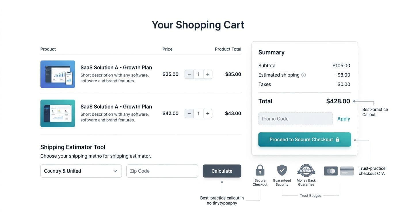Modern SaaS enterprise-style cart page UI mockup with minimal flat vector design, subtle gradients on white background, neutral blues and teals palette. Features cart summary with two product thumbnails, quantity steppers, shipping estimator, de-emphasized promo code, trust badges, and prominent secure checkout CTA button.