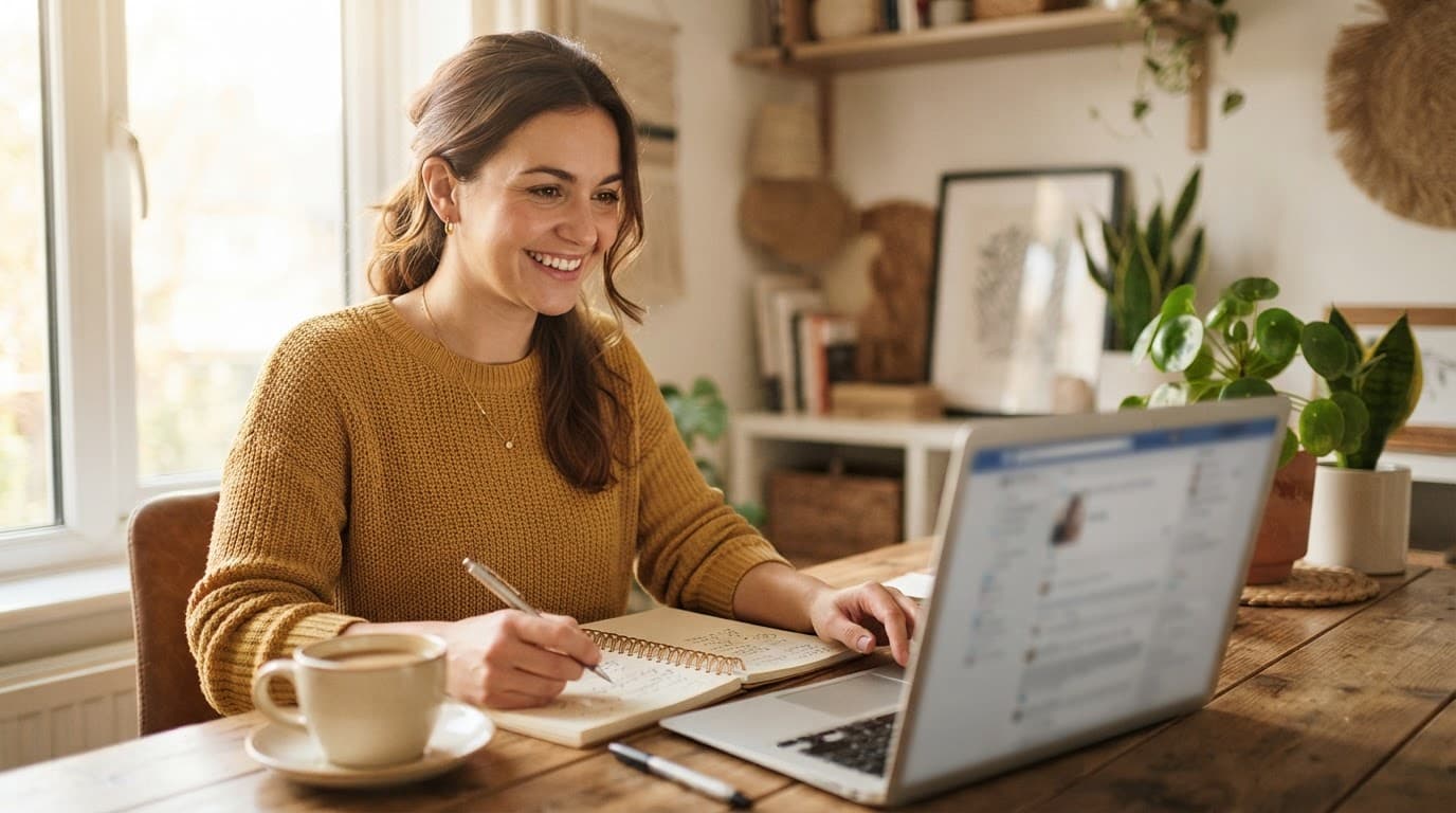 A marketer reviews a laptop at a home office desk with coffee and a notebook nearby.