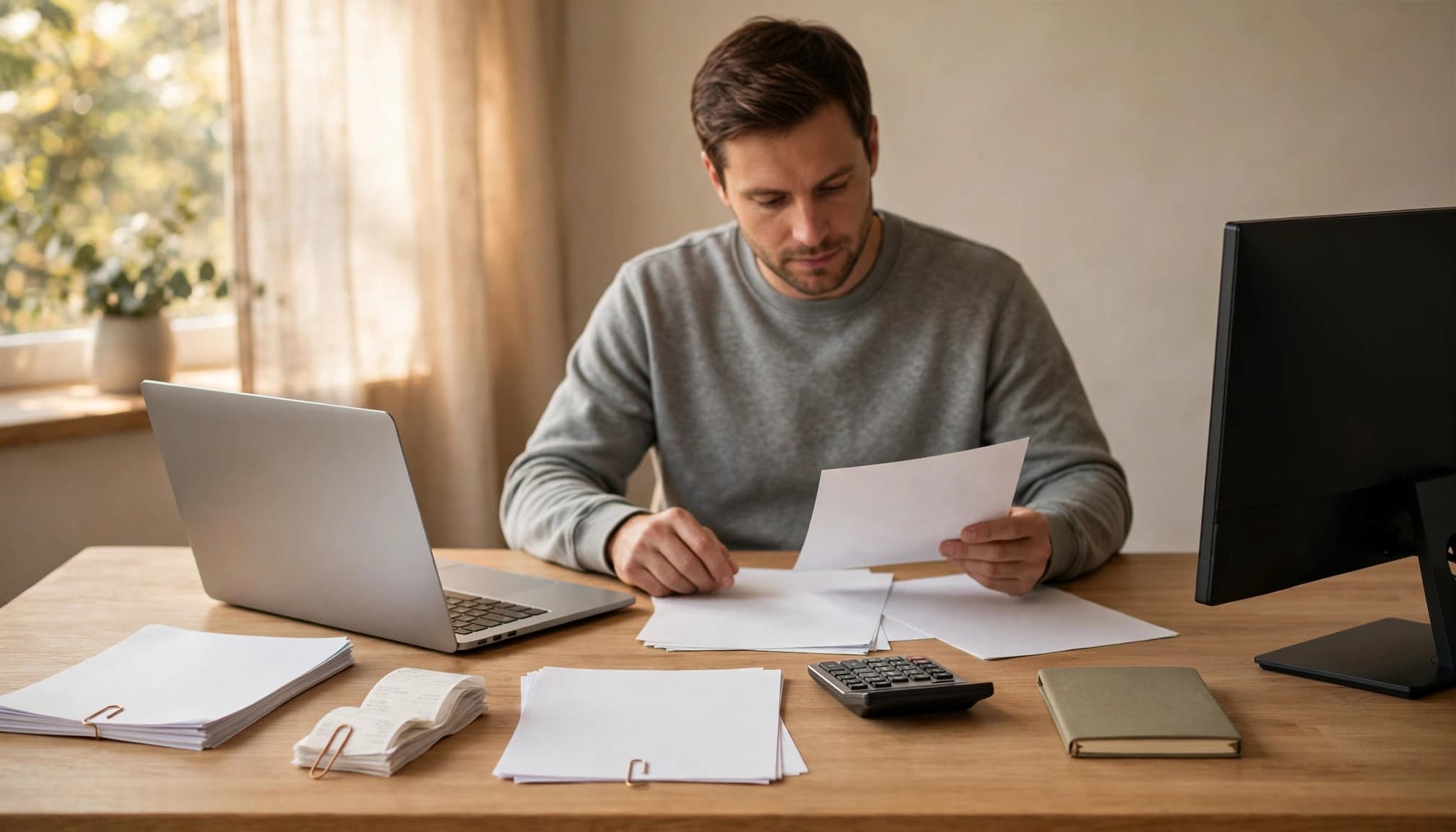 Website owner reviewing receipts at a home office desk with a laptop and calculator.