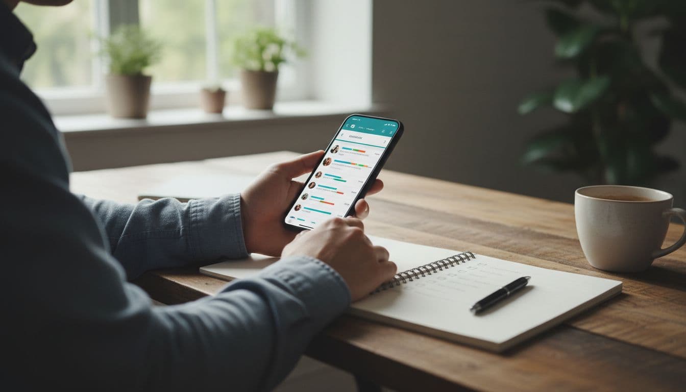 A person sits relaxed at a wooden desk in a bright home office, holding a smartphone angled to show a generic app leaderboard screen with no readable text. An open notebook with pen and checklist, plus a coffee mug, sit nearby under natural window daylight.