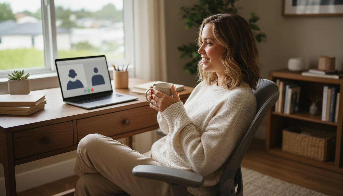 BaseLang Review 2026: Is Unlimited Spanish Worth It? 2 Person in cozy home office on laptop video call with blurred Spanish tutor screen, natural daylight from window.