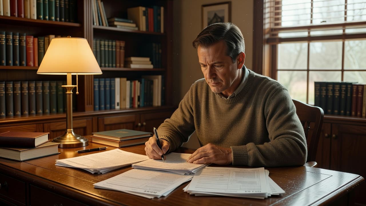 A person sits at a tidy wooden desk, carefully reviewing several white forms with a pen in hand. Soft golden light illuminates the workspace, emphasizing a focused and organized professional environment.