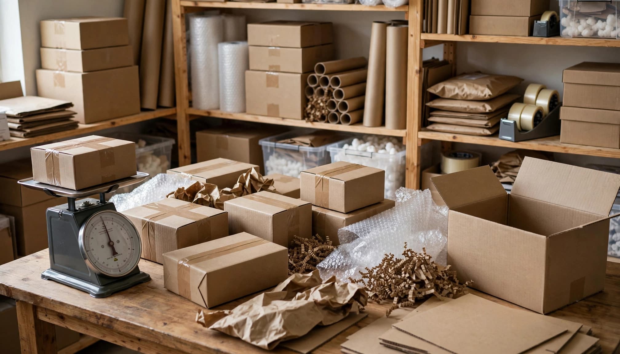 Cardboard parcels and packing supplies sit beside a shipping scale and returns box.