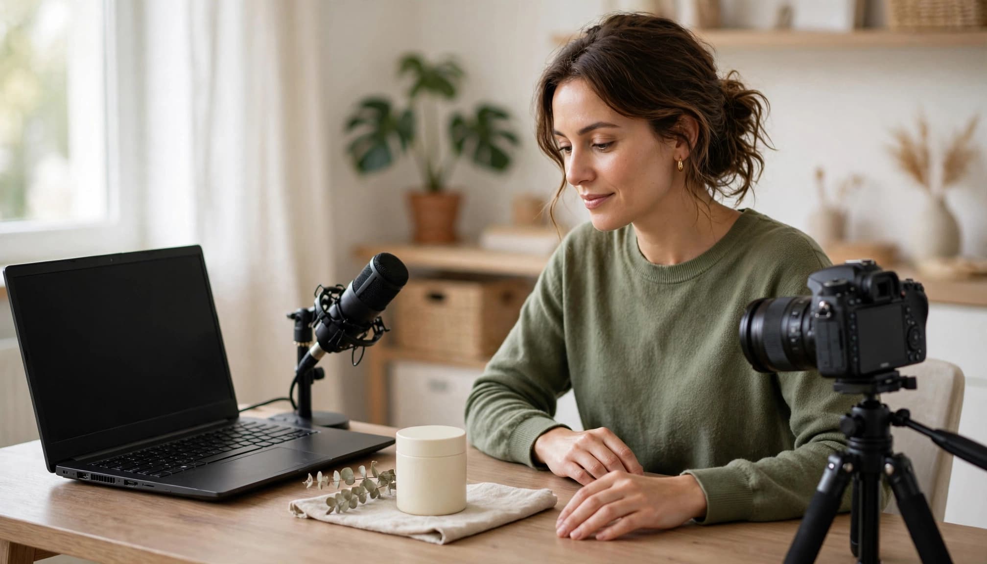Business owner reviewing a product beside a laptop, microphone, and camera in a bright studio.